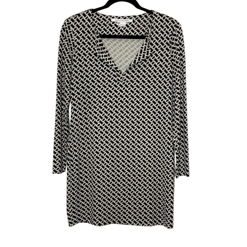 DVF Diane Von Furstenberg Dress Size 4 Black White Chain Link Silk